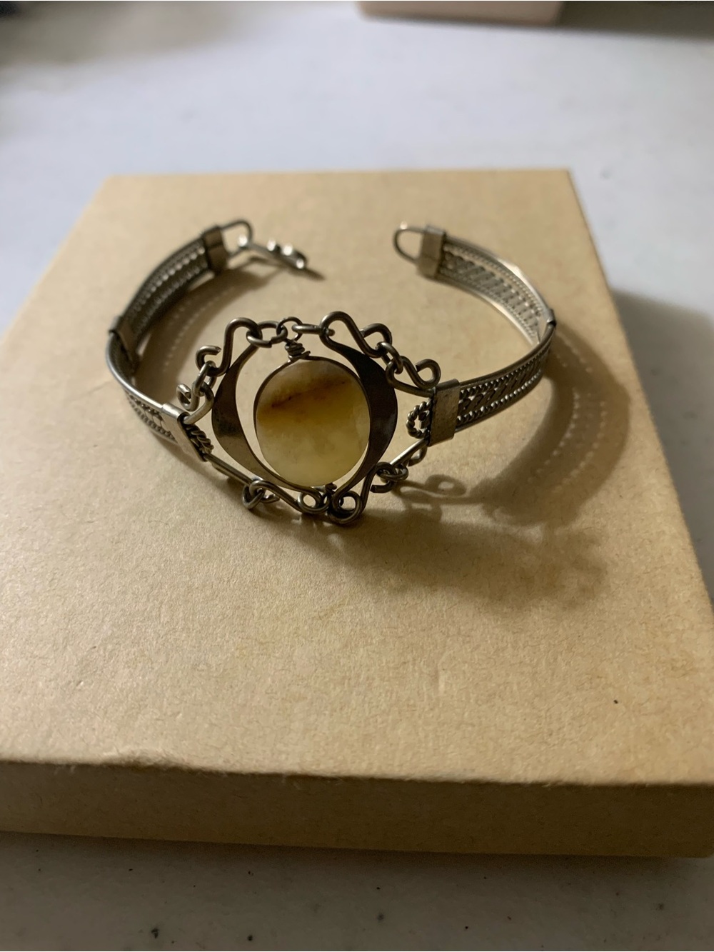 Silver Plated -Filigree Bracelet with Yellow Stone